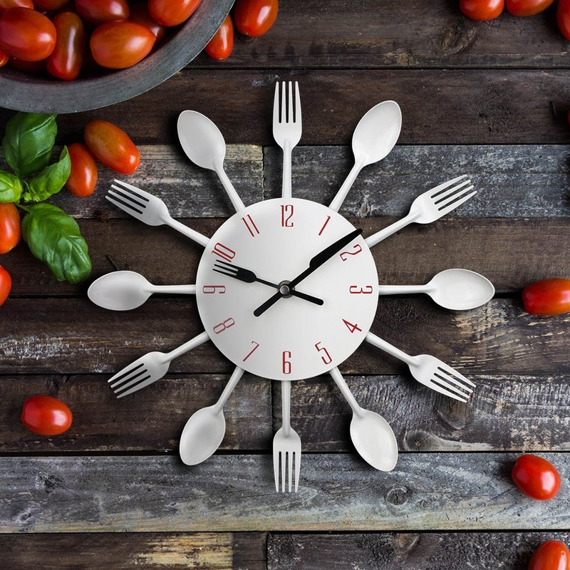 Timelike Kitchen Wall Clock, 3D Removable Modern Creative Cutlery Kitchen Spoon Fork Wall Clock Mirror Wall Decal Wall Sticker Room Home Decoration (White) - Image 3